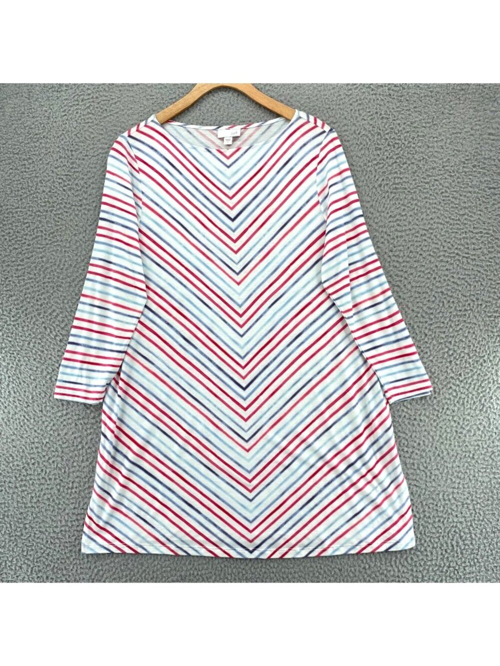 J Jill Top Women Small Red White Blue Chevron 3/4 Sleeve Tunic Boat Neck Stretch